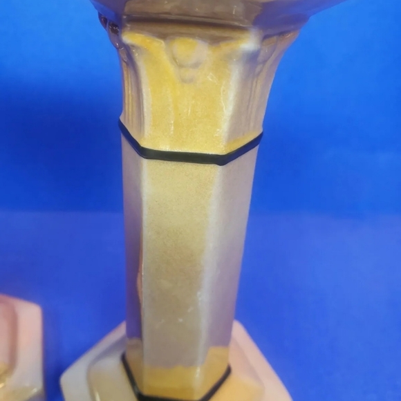 Pedestal Roman Column Candlestick Holders Vintage Lusterware Unique Peach Beige - Picture 5 of 9